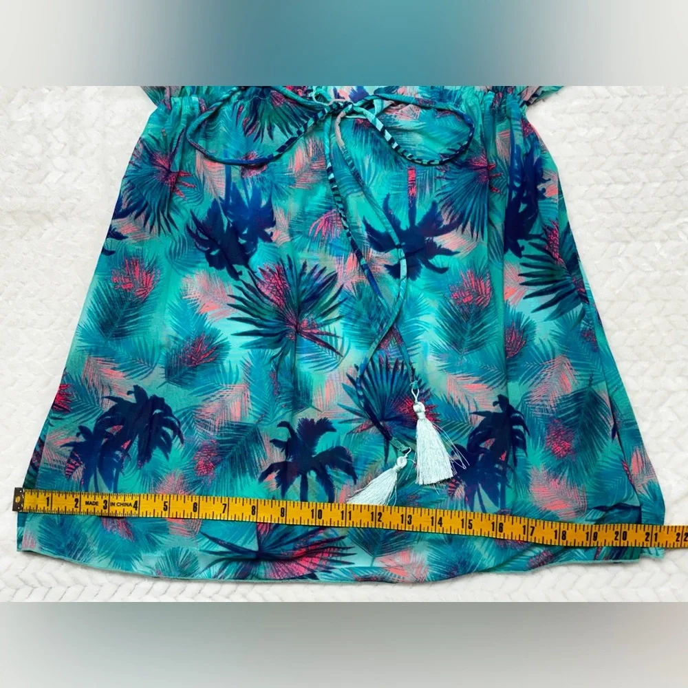 OP Turquoise Pink Swim Cover Up Size 11/12 Tassel Tie Tropical Print Beachy